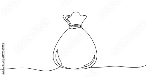 Money bag in one line art style. Money bag drawing with editable black stroke on white background. Vector illustration.