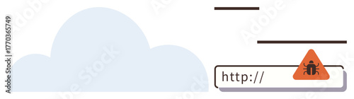 Cloud element with browser URL showing alert icon containing bug. Ideal for cybersecurity, warning, software protection, data safety, online risks, IT security, simple flat metaphor