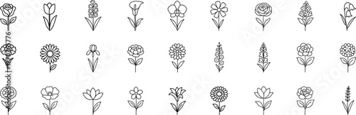 Flower and botanical species line icon set. Vector pictograms of rose, tulip, daisy, sunflower, orchid, peony, lily, gladiolus, and wildflower elements thin linear illustration