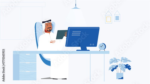 Arab man in traditional attire sits at a desk using a tablet and monitor. The scene shows remote work, digital engagement, and modern office setup