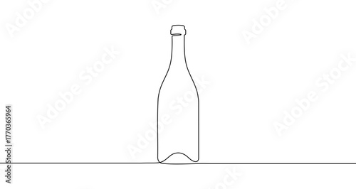 Beverage bottle in one line art style. Drawing of a glass bottle with editable black stroke on a white background. Vector illustration.
