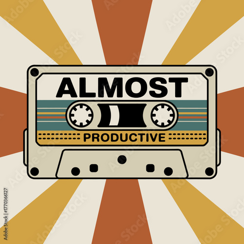 Retro cassette tape with 'almost productive' label and warm sunburst background evoking nostalgia and vintage music vibes vector