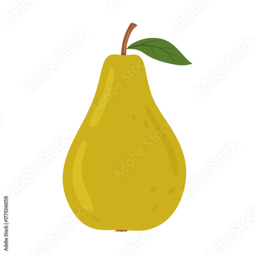 Pear fruit icon. Fresh and sweet food in cartoon style. Healthy natural fruit with leaf and stem. Organic summer eating, nutrition. Colored flat vector illustration isolated on white background