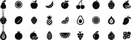 Fruit and food glyph icon set. Vector pictograms of banana, pineapple, strawberry, watermelon, mango, grapes, kiwi, avocado, lemon, cherry, and tropical fruits black silhouette illustration