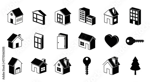 Set of black and white isometric house icons for real estate concepts. Vector illustration collection of building, property, and home symbols. icon2