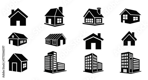 Diverse collection of black and white vector house and building icons, ideal for architectural projects, real estate presentations, web interfaces, and app design, showcasing various property styles