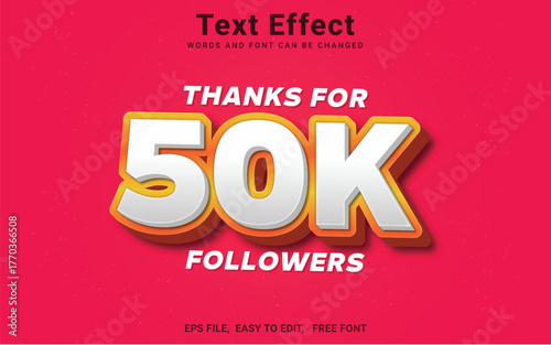 Editable 50k followers text effect in Illustrator, 50k followers celebration. Social media poster.