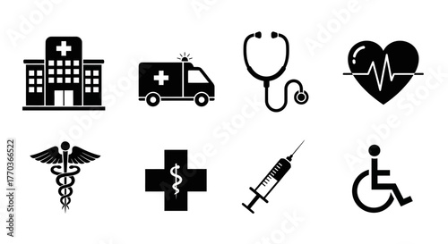 A collection of black silhouette medical icons representing healthcare services. Vector illustration set including hospital, ambulance, and emergency symbols