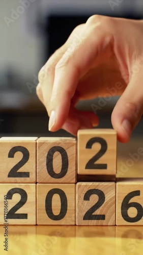 Transitioning from 2025 to 2026 with wooden blocks. Challenge target business for the upcoming year. Representing new year resolution, new beginnings, planning and success achievement