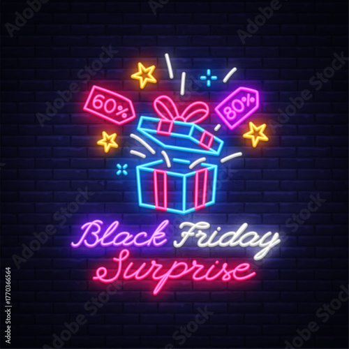 Neon sign of an open gift box with discount tags 60 and 80 percent. Includes text Black Friday Surprise and glowing elements. Colorful sale design. Vector illustration.