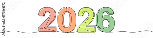 Colorful numbers "2026" in one line art style. Drawing of the year digit with editable black stroke and bright color fills on a white background. Vector illustration.