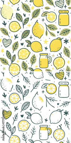 Squeeze the day with this zesty lemon pattern! A playful, hand-drawn doodle that flows from full color to simple line art. It's the perfect fresh, summery vibe for your creative projects.