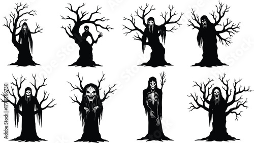 Haunted tree silhouettes with ghostly and skeletal figures, vector illustration for Halloween, horror, and supernatural character design themes
