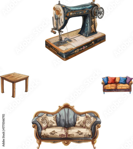 old sewing machine, vectors illutration of household appliances 