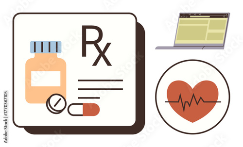 Pill bottle, medications, Rx symbol, heartbeat icon, and laptop screen for healthcare records. Ideal for telemedicine, pharmacy, prescriptions, healthcare management heart health digital health