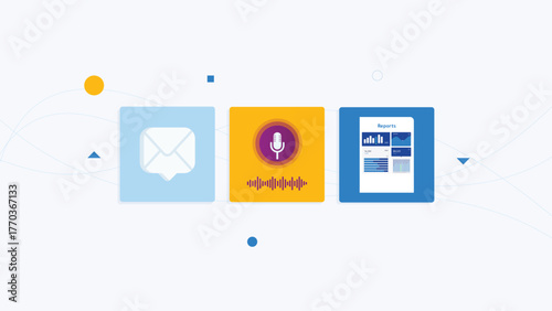 Three square icons show email, voice input, and reports. Represents digital communication, audio capture, and data analysis