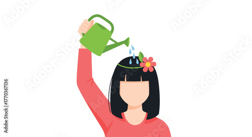 Nurture your mind and watch your ideas bloom - woman watering her head with a green can, fostering growth and inspiration