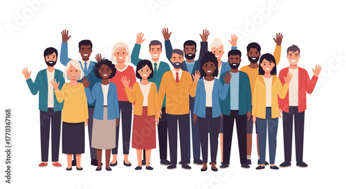 Diverse team waving hello with cheerful optimism, portraying unity and inclusivity for corporate communications and global outreach programs