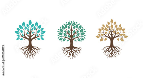 Vibrant colorful tree collection with deep roots representing nature's growth, resilience and connection in a modern logo design