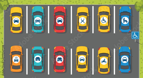 Colorful parking lot illustration with cars, accessible spaces, and motorcycle parking design for transportation or city planning concepts