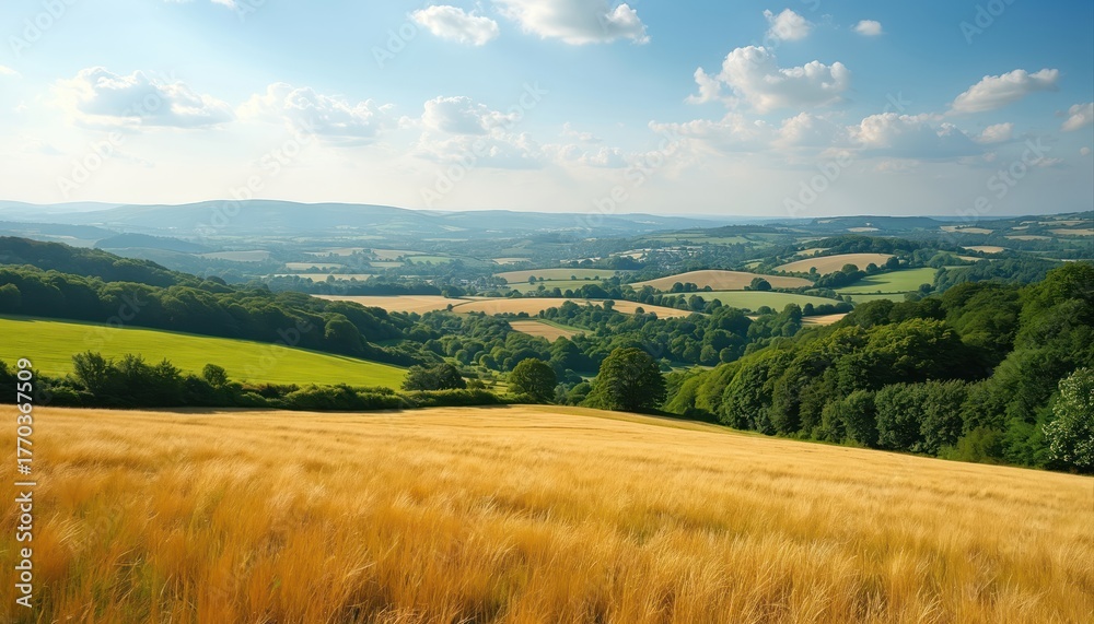 Naklejka premium Rural landscape with golden wheat field on rolling hills. Green valley with pastures, forest below. Scenic view of English countryside in Cotswolds, UK on sunny summer day with blue sky, white clouds.