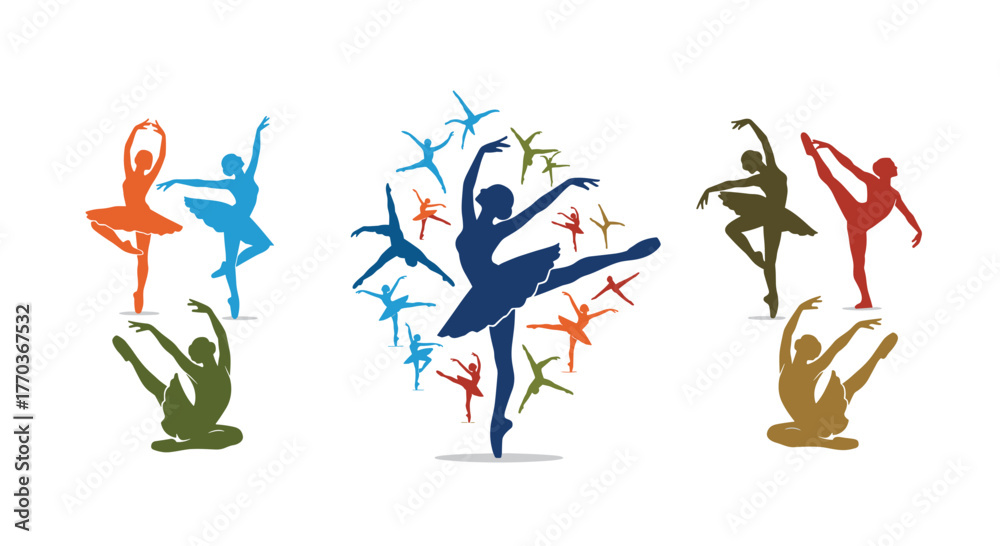 Naklejka premium Colorful ballet dancers in elegant poses showcase artistic movement and grace perfect for dance studio promotions and expressive art projects
