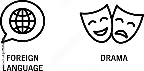 Minimalist icons foreign language globe and theater drama masks simple outline art symbols vector