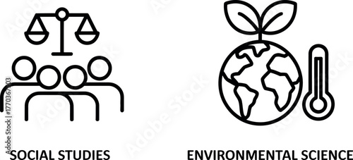Minimalist line art icons social studies justice and environmental science planet growth vector