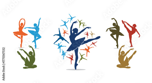 Colorful ballet dancers in elegant poses showcase artistic movement and grace perfect for dance studio promotions and expressive art projects