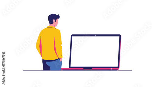Modern professional looking at a laptop with blank screen, perfect for showcasing websites or applications with a clean design and easy editing