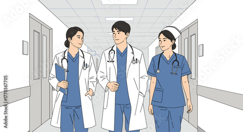 Dedicated medical team walking confidently down hospital hallway ready to offer compassionate care and expert solutions for public health needs