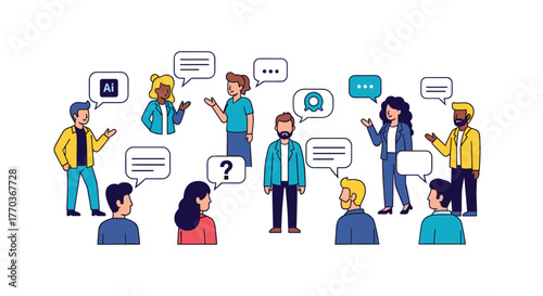 Diverse team brainstorming innovative ideas with speech bubbles in a bright, modern workspace for a dynamic, inclusive business meeting