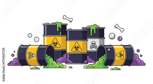 Toxic waste barrels with biohazard symbols and leaking green slime create a spooky, cartoonish environmental hazard warning graphic