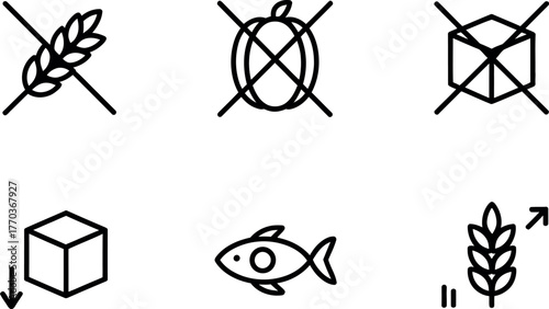 Set of six minimalist line art icons representing food allergens and dietary restrictions vector