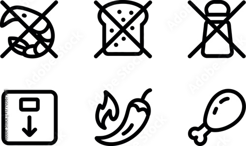 Set of six black and white line art icons representing food allergens and dietary restrictions vector