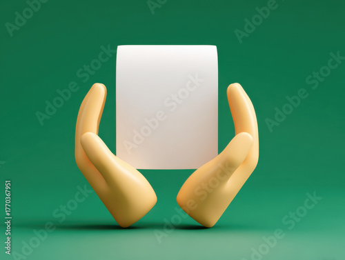 Protective hands holding blank white paper on green background, symbolizing care and support in modern style