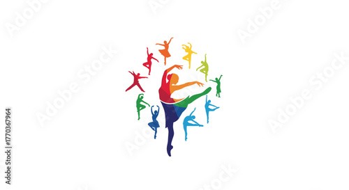 Vibrant rainbow ballet dancers in elegant poses performing artistic choreography for dance school advertising and performance art posters