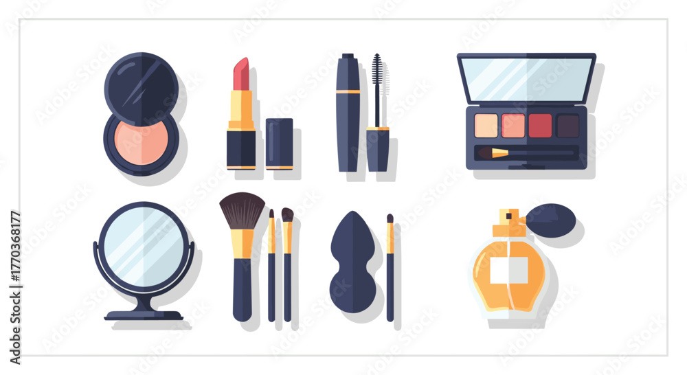 Obraz premium Elegant cosmetic collection featuring lipstick, mascara, eyeshadow, brushes, mirror, and perfume bottle for beauty routines