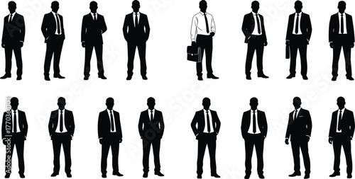 Male business professional silhouettes in suits and varied poses, vector illustration for corporate, HR, and workplace design themes