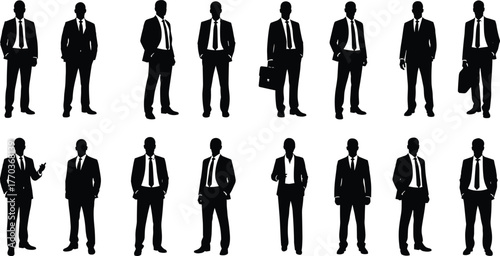 Business professional silhouettes in suits and varied poses, vector illustration for corporate, HR, and workplace design themes