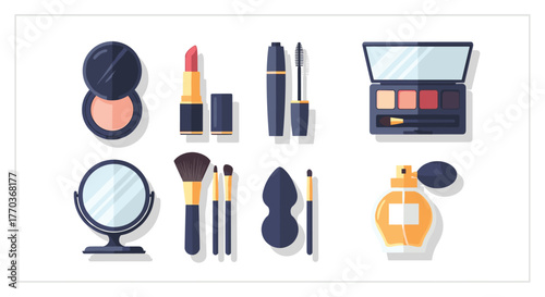 Elegant cosmetic collection featuring lipstick, mascara, eyeshadow, brushes, mirror, and perfume bottle for beauty routines
