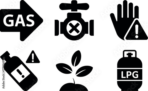 Industrial symbols set featuring gas flow warning valve plant and lpg cylinder icons vector