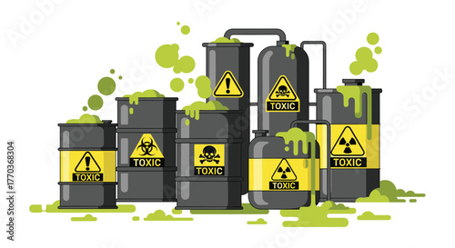 Hazardous waste barrels leaking toxic green liquid, symbolizing industrial danger and environmental contamination risks