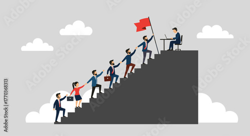 Ambitious team climbs stairs towards success with leader at top celebrating achievement with laptop and flag