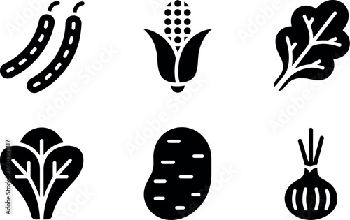 Set of six black and white minimalist icons representing fresh vegetables for healthy eating vector