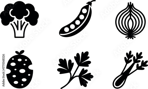 Minimalist black and white icons of fresh vegetables broccoli peas onion cheese parsley celery food vector