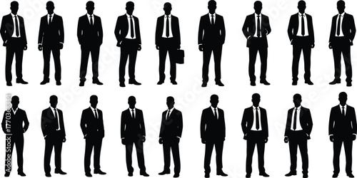 Male business professional silhouettes in suits and expressive poses, vector illustration for corporate, HR, and workplace design themes