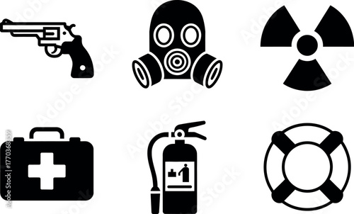 Set of six black and white icons representing danger safety emergency and security concepts vector