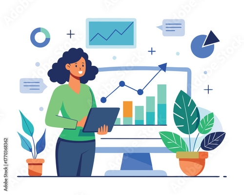 Woman analyzing data on computer screen isolated on white background for business insights and growth