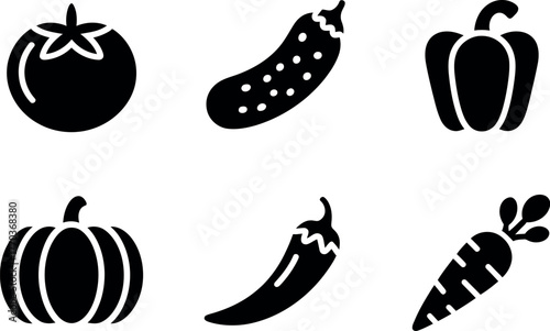 Set of six black and white icons featuring tomato eggplant bell pepper pumpkin chili pepper and carrot vector